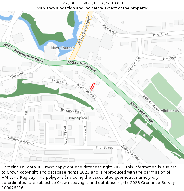 122, BELLE VUE, LEEK, ST13 8EP: Location map and indicative extent of plot