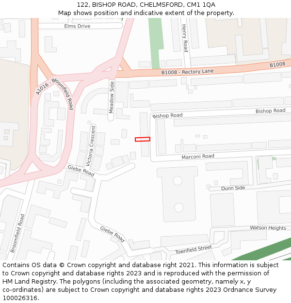 122, BISHOP ROAD, CHELMSFORD, CM1 1QA: Location map and indicative extent of plot