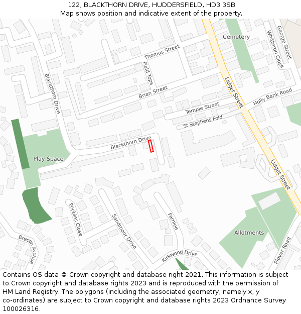 122, BLACKTHORN DRIVE, HUDDERSFIELD, HD3 3SB: Location map and indicative extent of plot