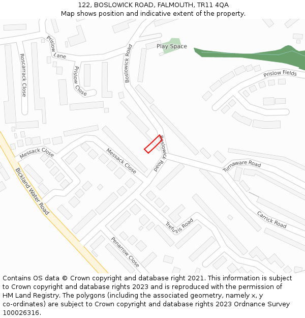 122, BOSLOWICK ROAD, FALMOUTH, TR11 4QA: Location map and indicative extent of plot