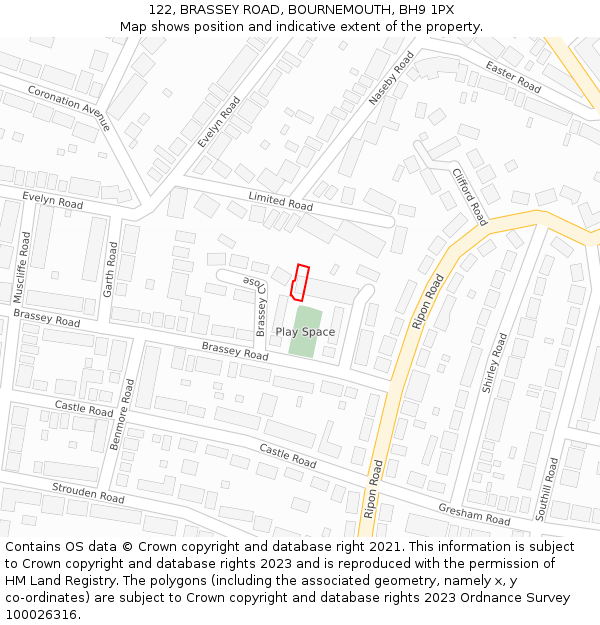 122, BRASSEY ROAD, BOURNEMOUTH, BH9 1PX: Location map and indicative extent of plot