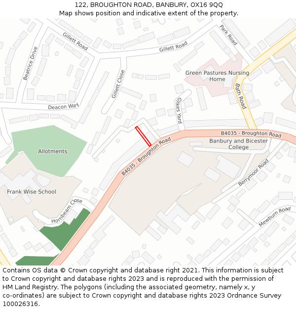 122, BROUGHTON ROAD, BANBURY, OX16 9QQ: Location map and indicative extent of plot