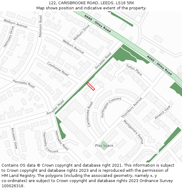 122, CARISBROOKE ROAD, LEEDS, LS16 5RX: Location map and indicative extent of plot