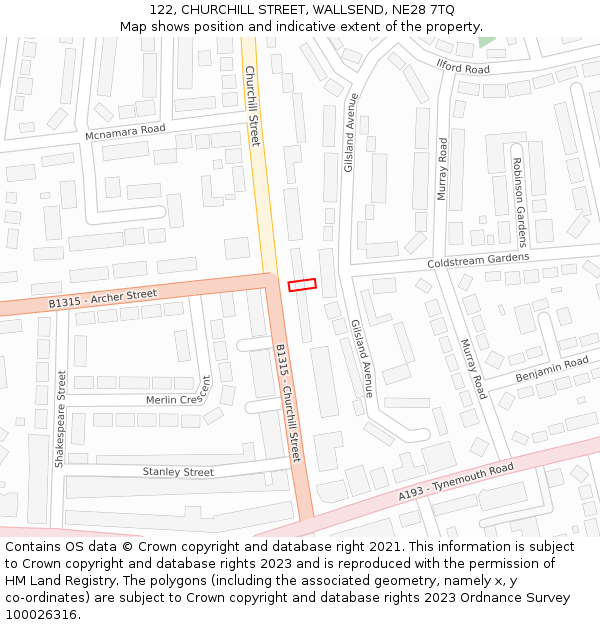 122, CHURCHILL STREET, WALLSEND, NE28 7TQ: Location map and indicative extent of plot