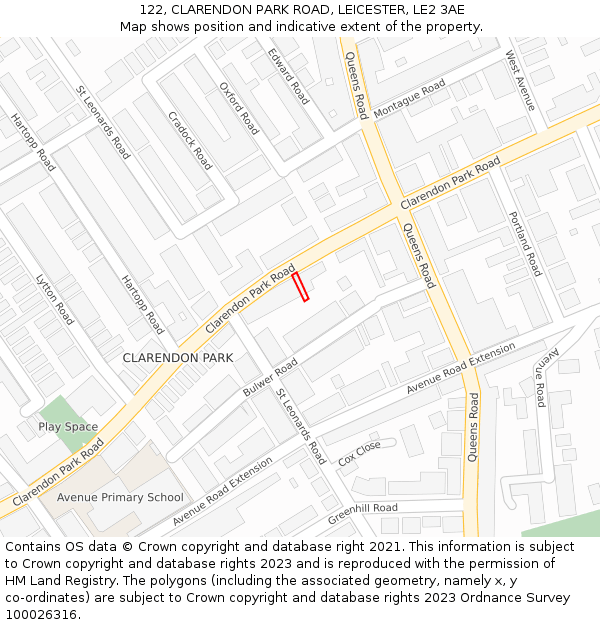 122, CLARENDON PARK ROAD, LEICESTER, LE2 3AE: Location map and indicative extent of plot