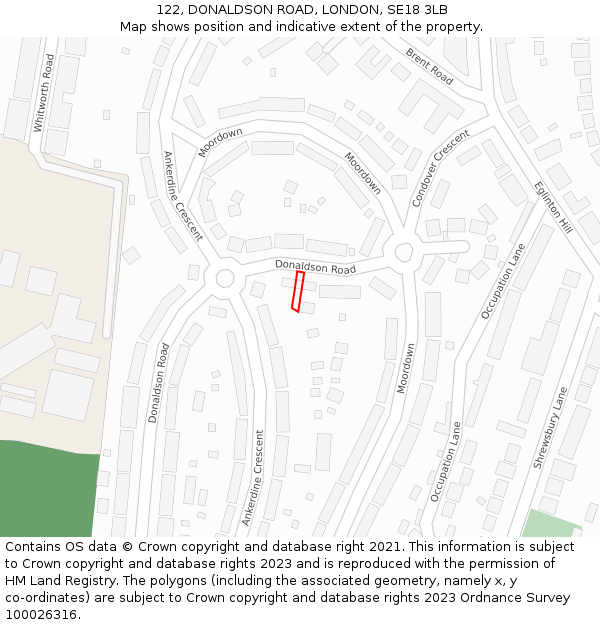 122, DONALDSON ROAD, LONDON, SE18 3LB: Location map and indicative extent of plot