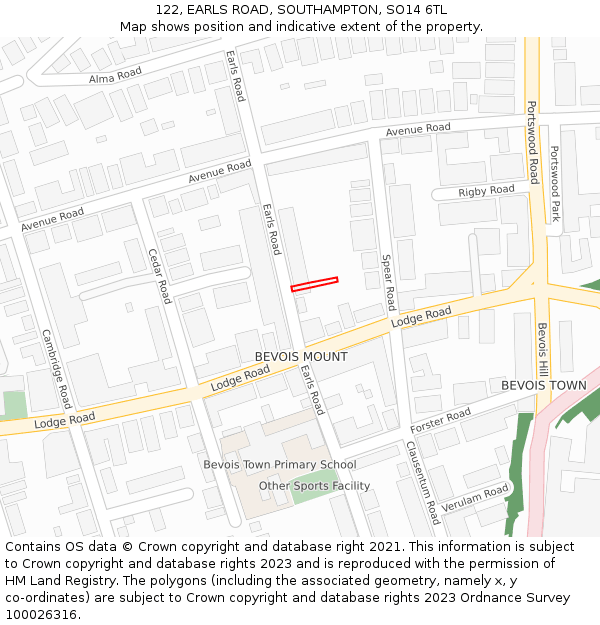 122, EARLS ROAD, SOUTHAMPTON, SO14 6TL: Location map and indicative extent of plot