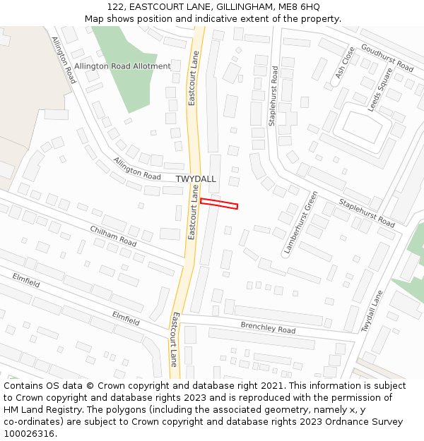 122, EASTCOURT LANE, GILLINGHAM, ME8 6HQ: Location map and indicative extent of plot