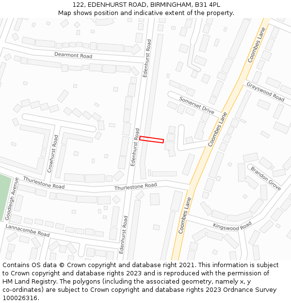 122, EDENHURST ROAD, BIRMINGHAM, B31 4PL: Location map and indicative extent of plot