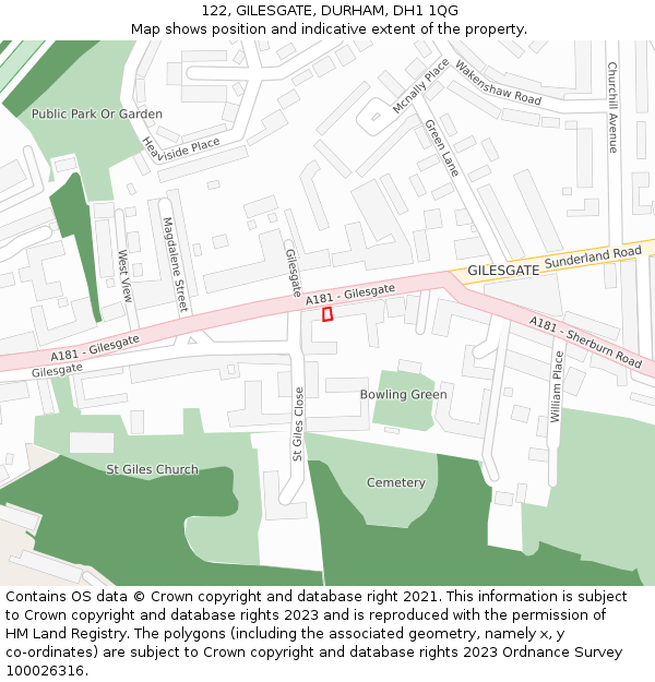 122, GILESGATE, DURHAM, DH1 1QG: Location map and indicative extent of plot