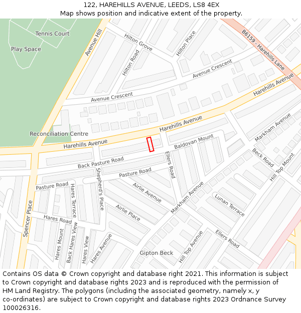 122, HAREHILLS AVENUE, LEEDS, LS8 4EX: Location map and indicative extent of plot