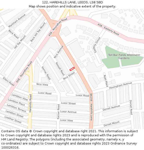 122, HAREHILLS LANE, LEEDS, LS8 5BD: Location map and indicative extent of plot