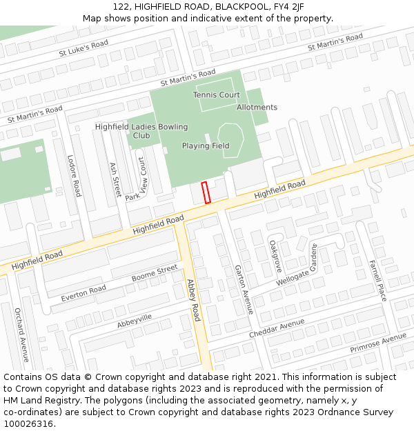 122, HIGHFIELD ROAD, BLACKPOOL, FY4 2JF: Location map and indicative extent of plot