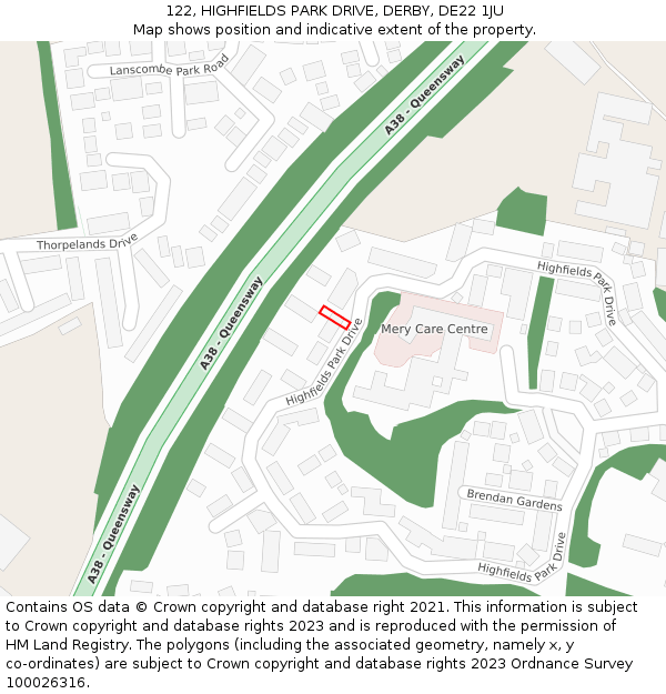 122, HIGHFIELDS PARK DRIVE, DERBY, DE22 1JU: Location map and indicative extent of plot