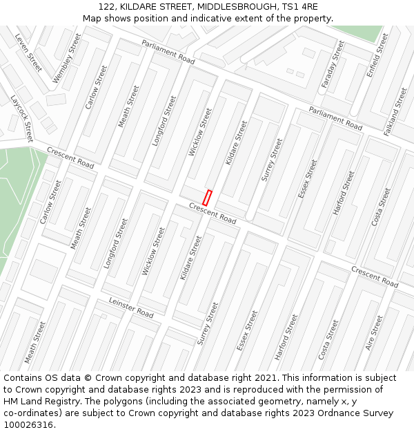 122, KILDARE STREET, MIDDLESBROUGH, TS1 4RE: Location map and indicative extent of plot