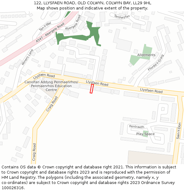 122, LLYSFAEN ROAD, OLD COLWYN, COLWYN BAY, LL29 9HL: Location map and indicative extent of plot