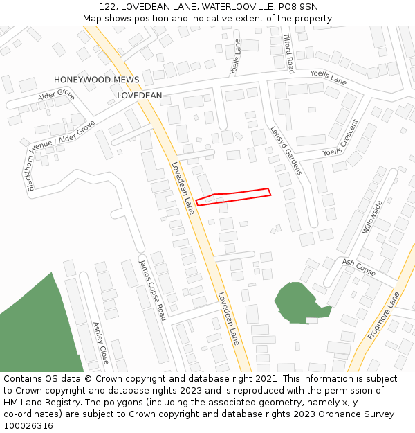 122, LOVEDEAN LANE, WATERLOOVILLE, PO8 9SN: Location map and indicative extent of plot