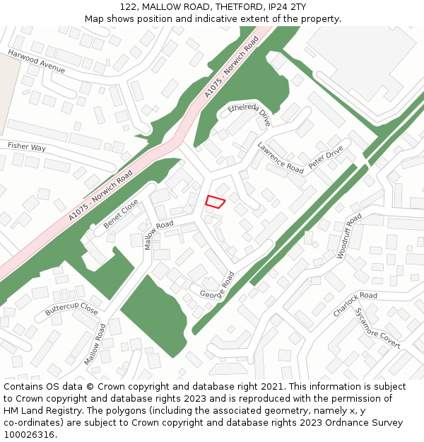 122, MALLOW ROAD, THETFORD, IP24 2TY: Location map and indicative extent of plot