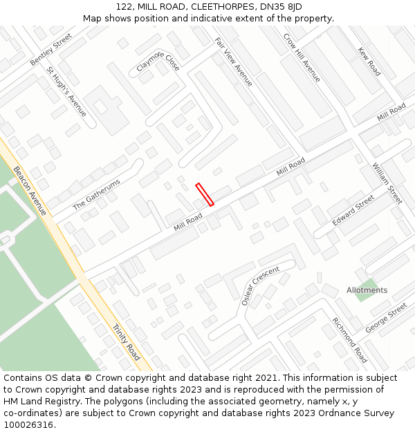122, MILL ROAD, CLEETHORPES, DN35 8JD: Location map and indicative extent of plot