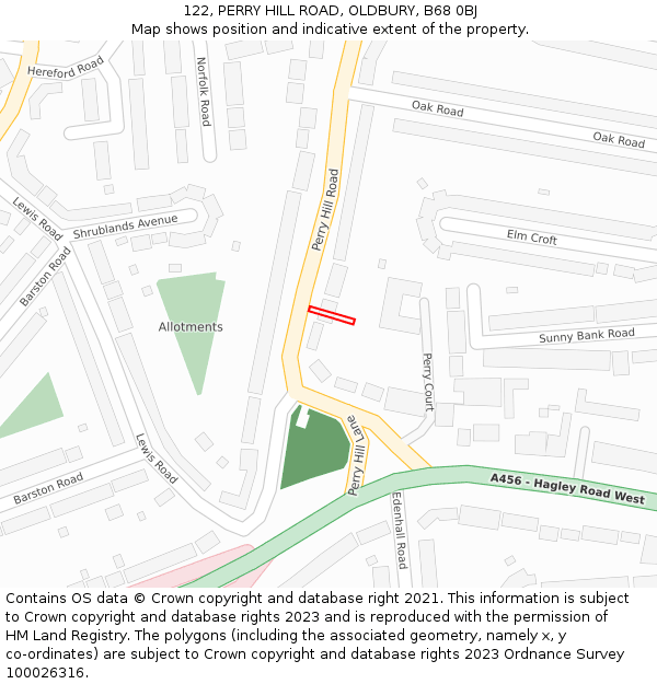 122, PERRY HILL ROAD, OLDBURY, B68 0BJ: Location map and indicative extent of plot