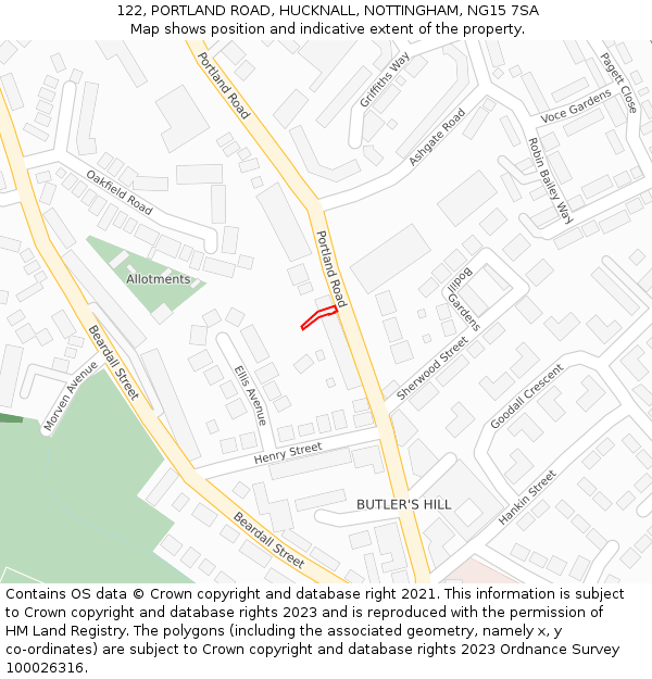 122, PORTLAND ROAD, HUCKNALL, NOTTINGHAM, NG15 7SA: Location map and indicative extent of plot