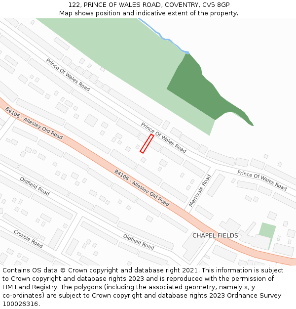 122, PRINCE OF WALES ROAD, COVENTRY, CV5 8GP: Location map and indicative extent of plot