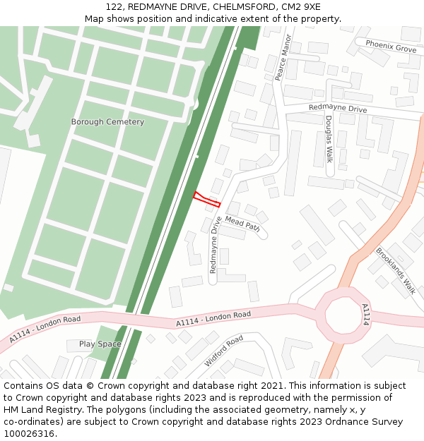 122, REDMAYNE DRIVE, CHELMSFORD, CM2 9XE: Location map and indicative extent of plot
