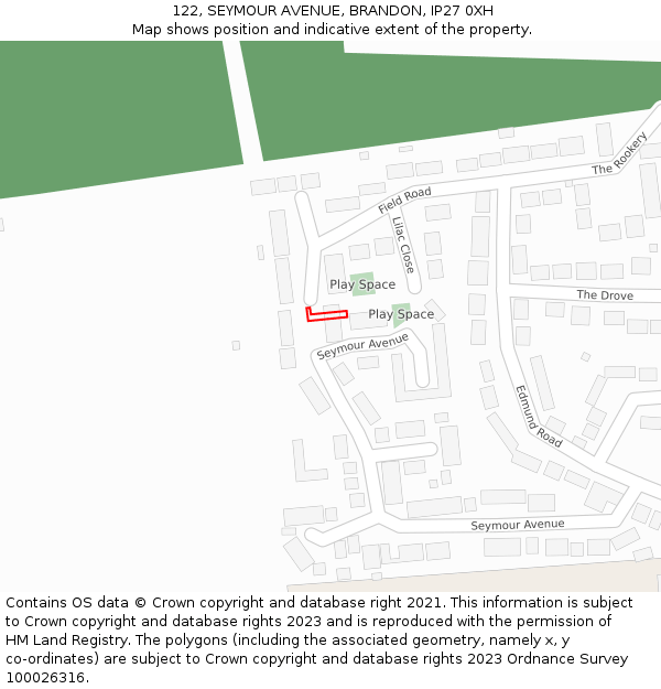 122, SEYMOUR AVENUE, BRANDON, IP27 0XH: Location map and indicative extent of plot