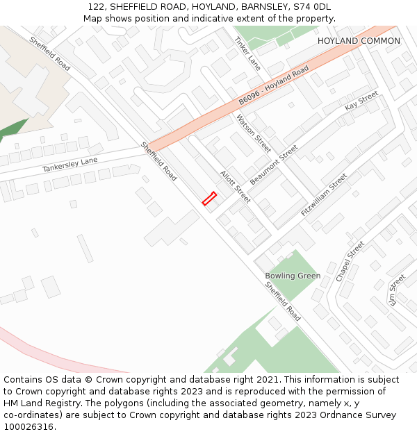 122, SHEFFIELD ROAD, HOYLAND, BARNSLEY, S74 0DL: Location map and indicative extent of plot