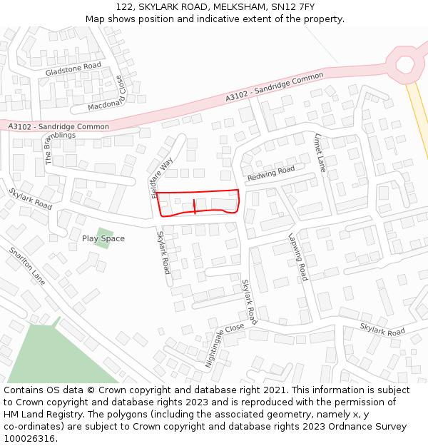 122, SKYLARK ROAD, MELKSHAM, SN12 7FY: Location map and indicative extent of plot
