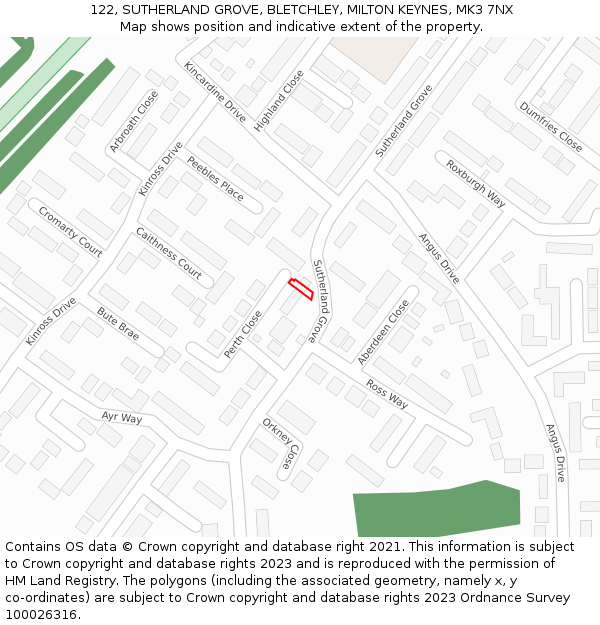 122, SUTHERLAND GROVE, BLETCHLEY, MILTON KEYNES, MK3 7NX: Location map and indicative extent of plot