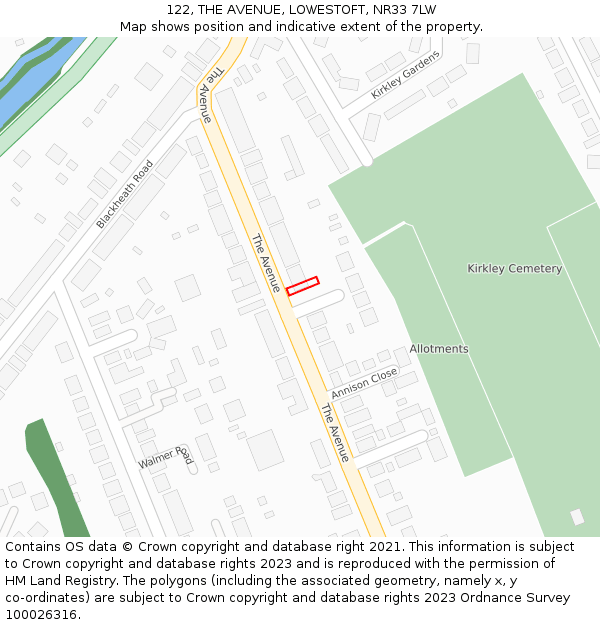 122, THE AVENUE, LOWESTOFT, NR33 7LW: Location map and indicative extent of plot