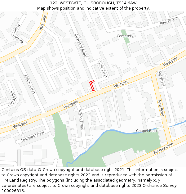 122, WESTGATE, GUISBOROUGH, TS14 6AW: Location map and indicative extent of plot