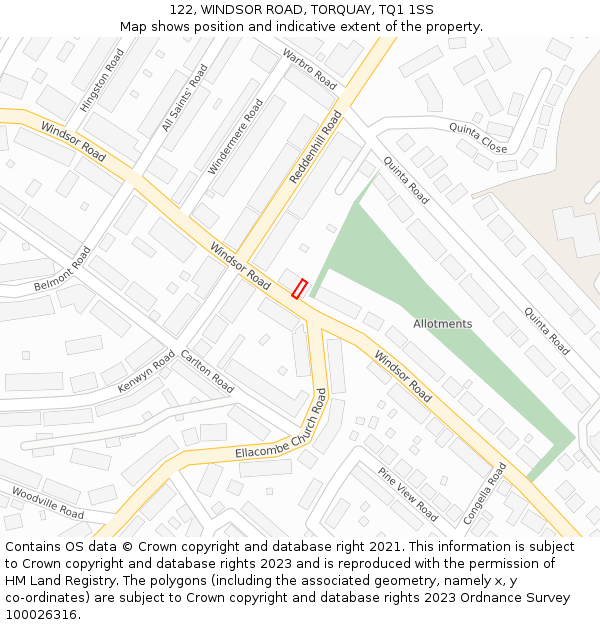 122, WINDSOR ROAD, TORQUAY, TQ1 1SS: Location map and indicative extent of plot