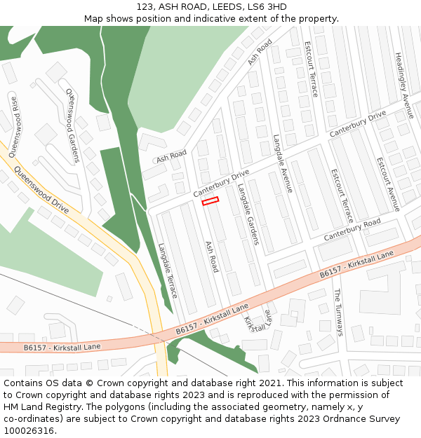 123, ASH ROAD, LEEDS, LS6 3HD: Location map and indicative extent of plot