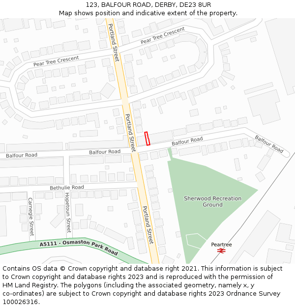 123, BALFOUR ROAD, DERBY, DE23 8UR: Location map and indicative extent of plot