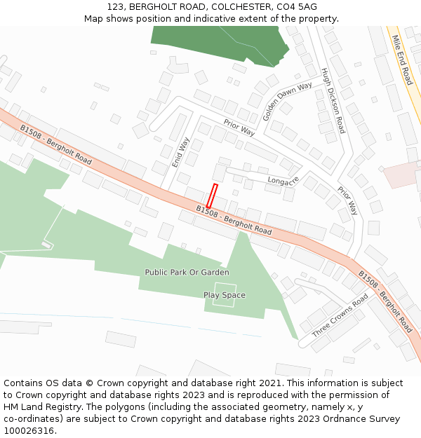 123, BERGHOLT ROAD, COLCHESTER, CO4 5AG: Location map and indicative extent of plot