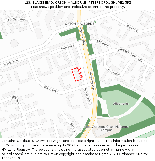 123, BLACKMEAD, ORTON MALBORNE, PETERBOROUGH, PE2 5PZ: Location map and indicative extent of plot