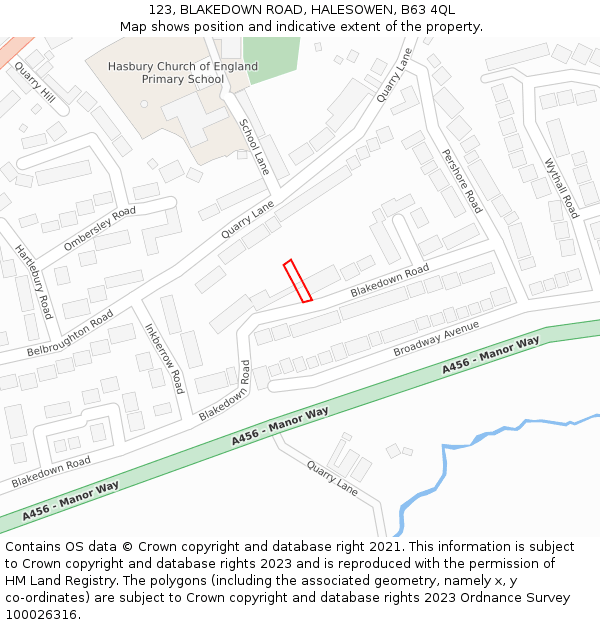 123, BLAKEDOWN ROAD, HALESOWEN, B63 4QL: Location map and indicative extent of plot