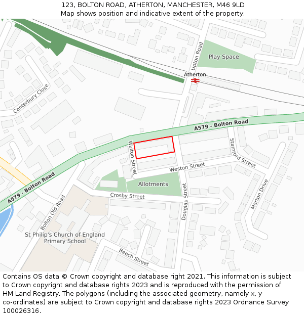 123, BOLTON ROAD, ATHERTON, MANCHESTER, M46 9LD: Location map and indicative extent of plot