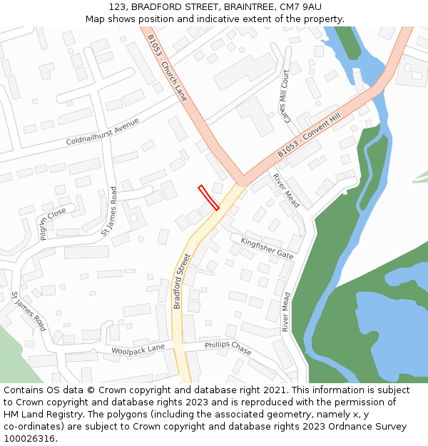 123, BRADFORD STREET, BRAINTREE, CM7 9AU: Location map and indicative extent of plot
