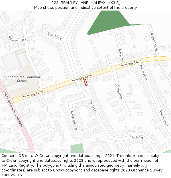 123, BRAMLEY LANE, HALIFAX, HX3 8JJ: Location map and indicative extent of plot
