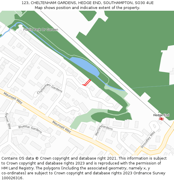 123, CHELTENHAM GARDENS, HEDGE END, SOUTHAMPTON, SO30 4UE: Location map and indicative extent of plot