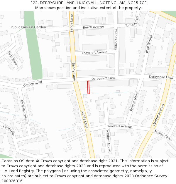 123, DERBYSHIRE LANE, HUCKNALL, NOTTINGHAM, NG15 7GF: Location map and indicative extent of plot