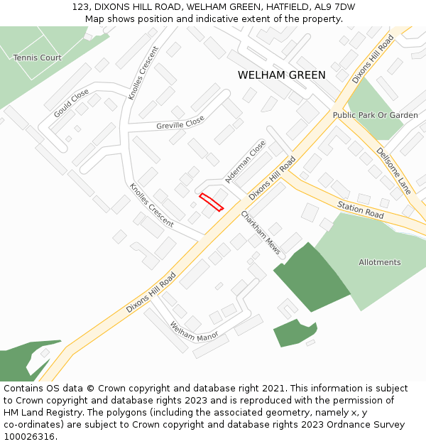 123, DIXONS HILL ROAD, WELHAM GREEN, HATFIELD, AL9 7DW: Location map and indicative extent of plot