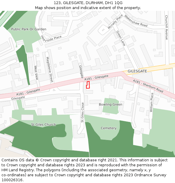 123, GILESGATE, DURHAM, DH1 1QG: Location map and indicative extent of plot