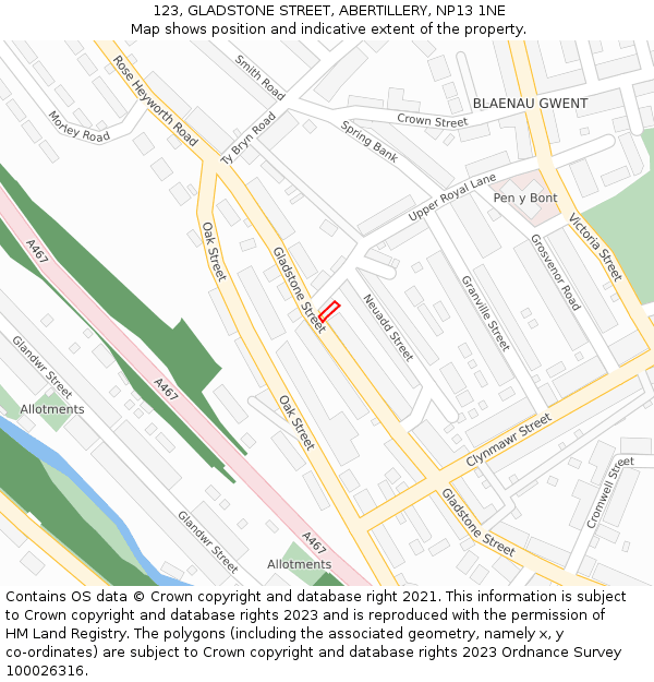 123, GLADSTONE STREET, ABERTILLERY, NP13 1NE: Location map and indicative extent of plot