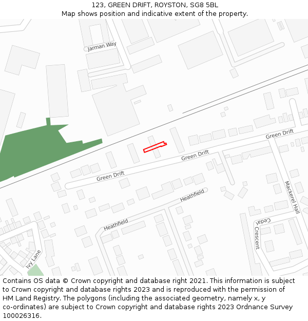 123, GREEN DRIFT, ROYSTON, SG8 5BL: Location map and indicative extent of plot