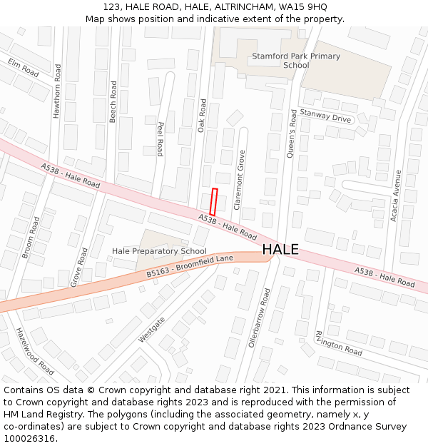 123, HALE ROAD, HALE, ALTRINCHAM, WA15 9HQ: Location map and indicative extent of plot
