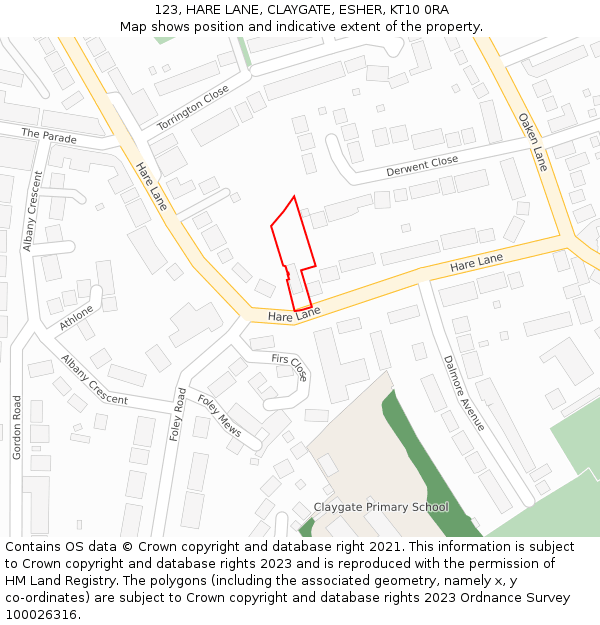 123, HARE LANE, CLAYGATE, ESHER, KT10 0RA: Location map and indicative extent of plot